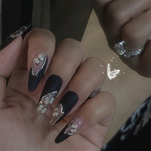 Stiletto Fake Nails, Black Medium False Nails Full Cover Nails for Women and Girls, Press-On Manicure set （24pcs）