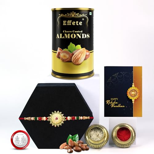 Image of DeoDap Chocolate with Rakhi Set for Brother - Stylish Round Design with Multicolor Mina & Beads Rakhi with Choco Almond (96 GM) - Silver Color Pooja Coin & Greeting Card, Raksha Bandhan Combo for Bhai