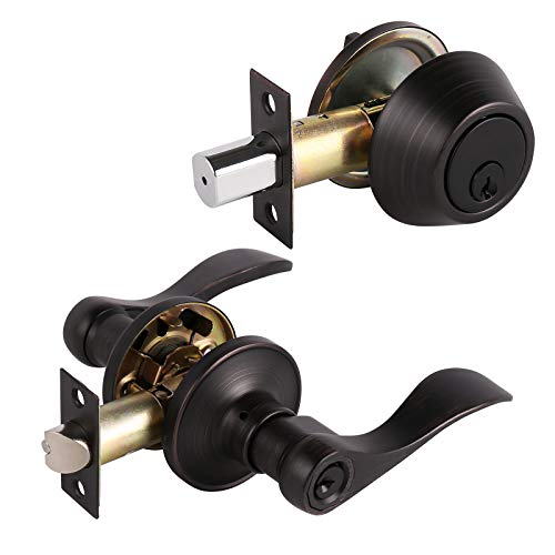 Probrico Oil Rubbed Bronze Exterior Entry Lever And Single Cylinder Deadbolt, Keyed Alike Entry Handleset For Front Entrance Door, Drop Shape Lever, 1 Pack #TOP24