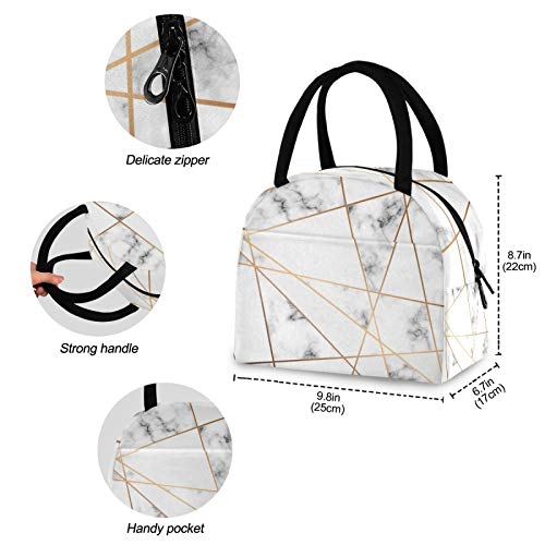 Auuxva Lunch Bag Geometric Gold Lines Marble Print, Lunch Box Insulated Tote Bags With Handle, Reusable Cooler Ice Pack Handbag For Women Men #TOP3
