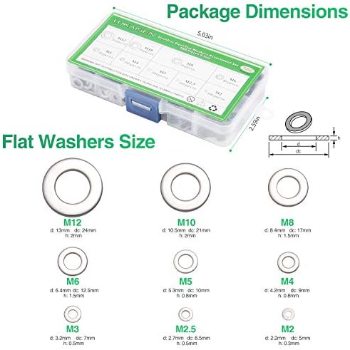 304 Stainless Steel Flat Washers Set 580 Pieces, 9 Sizes - M2 M2.5 M3 M4 M5 M6 M8 M10 M12 Suitable for Home Decoration, Factories Repair, Kitchens, Shops and Outdoor Construction