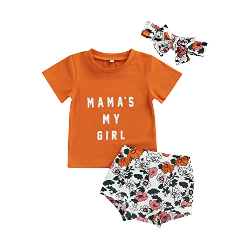 Lamuusaa 0-24M Newborn Baby Girls Outfits Short Sleeve Letter Printed T-shirt Shorts Headband 3Pcs Summer Casual Clothes (Orange , 6-12 Months )
