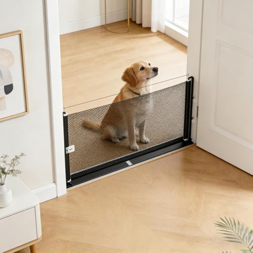 Retractable Gates for Stairs and Doorways, No Drilling Pet Gate for Indoor Outdoor – Expandable Dog Fence with Easy Installation, Safety Puppy Gate for Hallways, Kitchens, and Backyards (Medium)