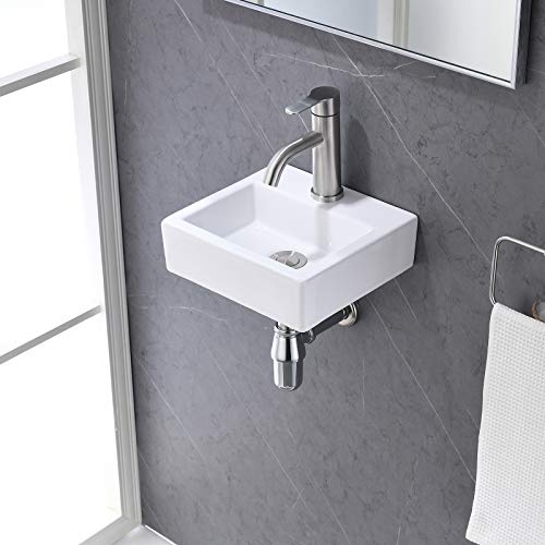 Friho Small 11.6"X10.6" Corner Wall Mount Bathroom Sink, White Rectangle Porcelain Ceramic Floating Sink Above Counter Vessel Sink Single Faucet Hole Vanity Basin #TOP6