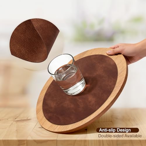 Image of UnivoColors Placemats Round Faux Leather Placemats Set of 6-Waterproof-Wipe Clean-Heat Resistant-Anti Slip Dining Table Place Mats,Suitable for Indoor & Outdoor Use,15 inch.Retro Reddish Brown