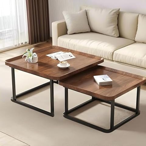 Windpost Square Nesting Coffee Table Set of 2, 23.6"+19.7" Nesting Tables,Small Square Coffee Table with Fluted,Center Table for Living Room Bedroom Office Balcony Yard (Walnut) Cover