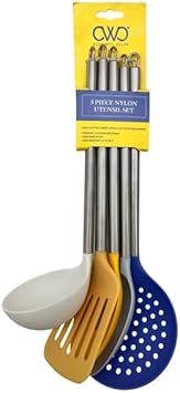 Cook with Color Non Stick Cooking Utensils, 5 Pc Kitchen Utensil Set for Nonstick Cookware, Easy to Clean Nylon Cooking Utensils with Stainless Steel Handles, Kitchen Gadgets Blue/Yellow/Grey