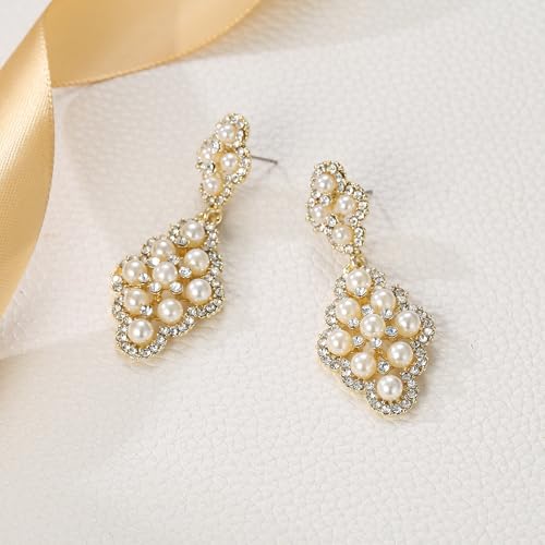 BriLove Wedding Bridal Simulated Pearl Earrings for Women Crystal Hollow Rhombus Chandelier Dangle Jewelry Ivory Color Gold-Plated-Base4