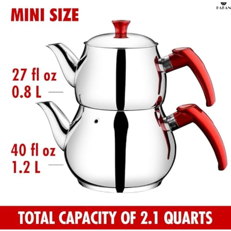 Hakan Teapot Set with Self Strainer Double Lids, Stainless Steel Mini Double Bondy Tea Pot Set, Turkish Samovar Style, Tea Kettle for Loose Leaf Tea with Bakelite Handle | 0.84 + 1.26 Qt.