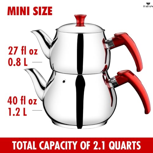 Hakan Teapot Set with Self Strainer Double Lids, Stainless Steel Mini Double Bondy Tea Pot Set, Turkish Samovar Style, Tea Kettle for Loose Leaf Tea with Bakelite Handle | 0.84 + 1.26 Qt. by Hakan - Image 3