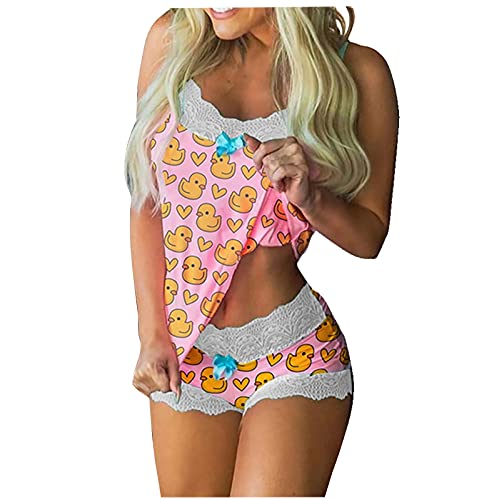 Pijamas para Mujer Suaves Cómodos Verano Estampado Encaje Ropa para Dormir 2 Piezas Shorts y Camisola Sexy Conjunto de Pijamas Cortos Lencería 2024