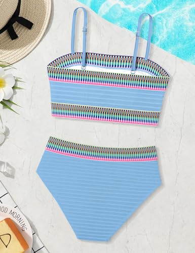 Image of DONWEN Girls Swimsuits V Neck Bikini Set Textured High Waist Girl Two Piece Bathing Suit