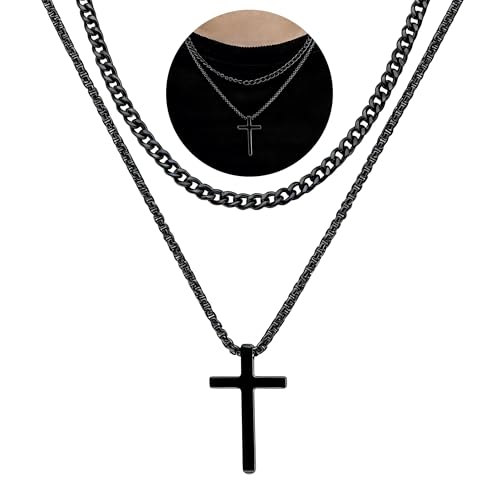 Image of LUXYSODE 2PCS Cross Necklace for Men, Silver/Black/Gold Mens Cross Necklaces Stainless Steel Cross Pendant Necklace Simple Jewelry Gifts for Men, Valentines Gifts for Him (Black, 18 inch / 20 inch)