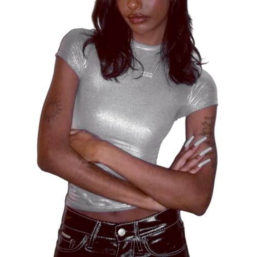 Image of Women's Shiny Metallic Short Sleeve T Shirt Sexy Mock Neck Slim Crop Top Party Disco Club Tees