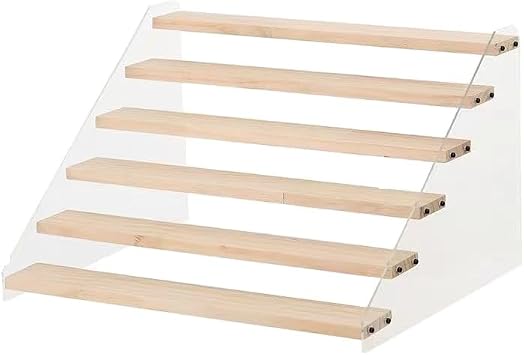 7 Tier Acrylic Wooden Display Stand, Clear Acrylic and Wood Tiered Display Shelf Rack, 15.7 Inch Step Ladder Riser for Cupcakes Perfumes Figures Collectibles 7 tier wood color