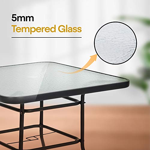 Finefind 32" x 32" Outdoor Dining Table Tempered Glass Table Patio Bistro Table Top Umbrella Stand Square Table Deck Outdoor Furniture Garden Table, Dark Chocolate