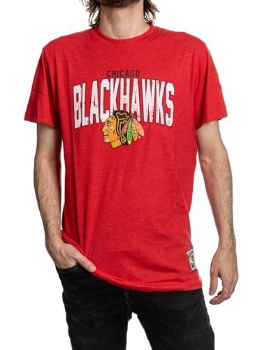 Calhoun NHL Surf & Skate Mens Vintage Style Distressed Heather Tone Rustic T-Shirt (Chicago Blackhawks, Large)