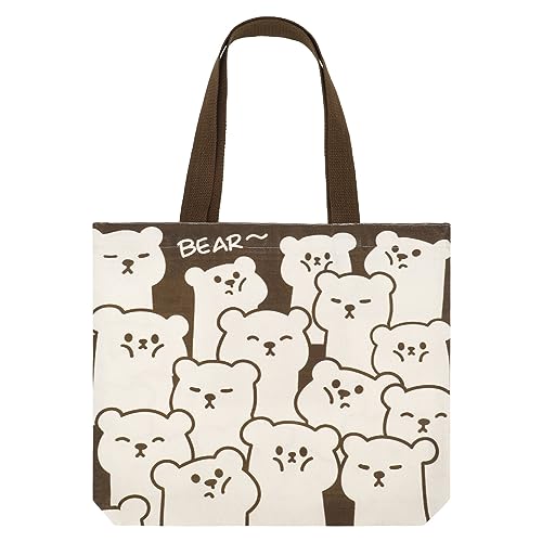 Firtink Tote Bag With Zip Canvas Reusable Shopping Tote Bag With Pocket Washable Foldable Cute Bear Design For Women Girls