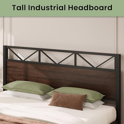 Image of LIKIMIO King Bed Frame, Tall Industrial Headboard 51.2 inch, Platform Bed Frame with Strong Metal Support, Solid and Stable, Noise Free, No Box Spring Needed, Easy Assembly, Dark Brown