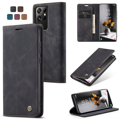 owlhold Hülle Samsung Galaxy S21 Ultra Handyhülle Premium Lederhülle Weiches Vintage-Nubukleder Faltbare Ständer Schutzhülle Kartenfach Standfunktion klapphülle Samsung Galaxy S21 Ultra 5G -Schwarz