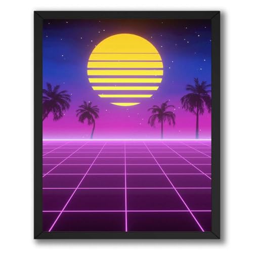 InkFlow Posters Retro Sunset Poster - Neon 80s Vibes with Palm Trees - Vibrant Sunset Design - Modern and Trendy Wall Art for Living Room, Bedroom, Office - 8x10 Unframed Canvas Print