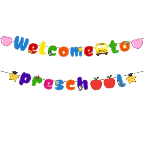 Image of Welcome to Preschool Banner for First Day of Preschool Decorations | Pre-Strung, Back to School, Classroom Office Hallway, Paper, Children Kids