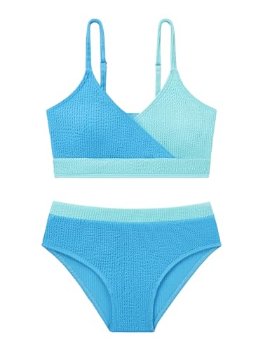 Girl's 2 Piece Ribbed Swimsuit V Neck Bikini Sets Bathing Suit Swimwear