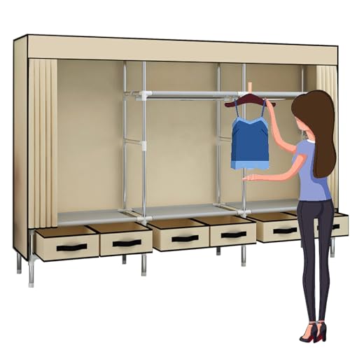 ドアカーテン防塵クローゼット、簡易 ワードローブ 布製 カバー付き、家庭用寝室全面鋼フレーム ワードローブ シンプル収納棚 高耐荷重 大容量 ハンガーラック、幅 63 83 105 125 165 205 245cm 引き出し付き 洋服ダンス 合理的に分類