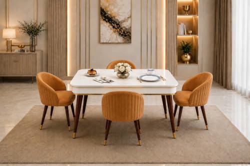 Image of WOODEN SPACE 4 Seater Wooden Dining Table Set | Urban Marble Top Dining Table with Chairs for Dining Room & Kitchen (Majestic Classic Backline Mustard) (42 x 42 x 30 inch)