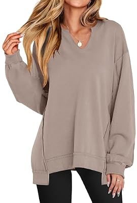 ANRABESS Women's V-Neck Oversized Sweatshirt – Dark Khaki XL Fall Outfit Essential