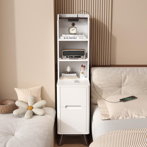 Tall Nightstand with Charging Station and Shelves