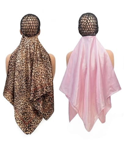PASDUCHAS 2-In-1 Wrap Cap Hair Net and Scarf, 2 Packs Silk Press Wrap Pink & Leopard Print Bonnet for Hair Care, Shower Cap, Neck Scarf and Fashionable Shawl