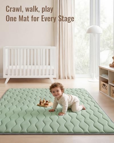 Image of Blissful Diary Baby Play Mats for Floor, 59x59 Inch Thicker and Larger Soft Cushioning Foam Playmats for Babies and Toddlers, Foldable Washable Baby Playpen Mat, Sage Green