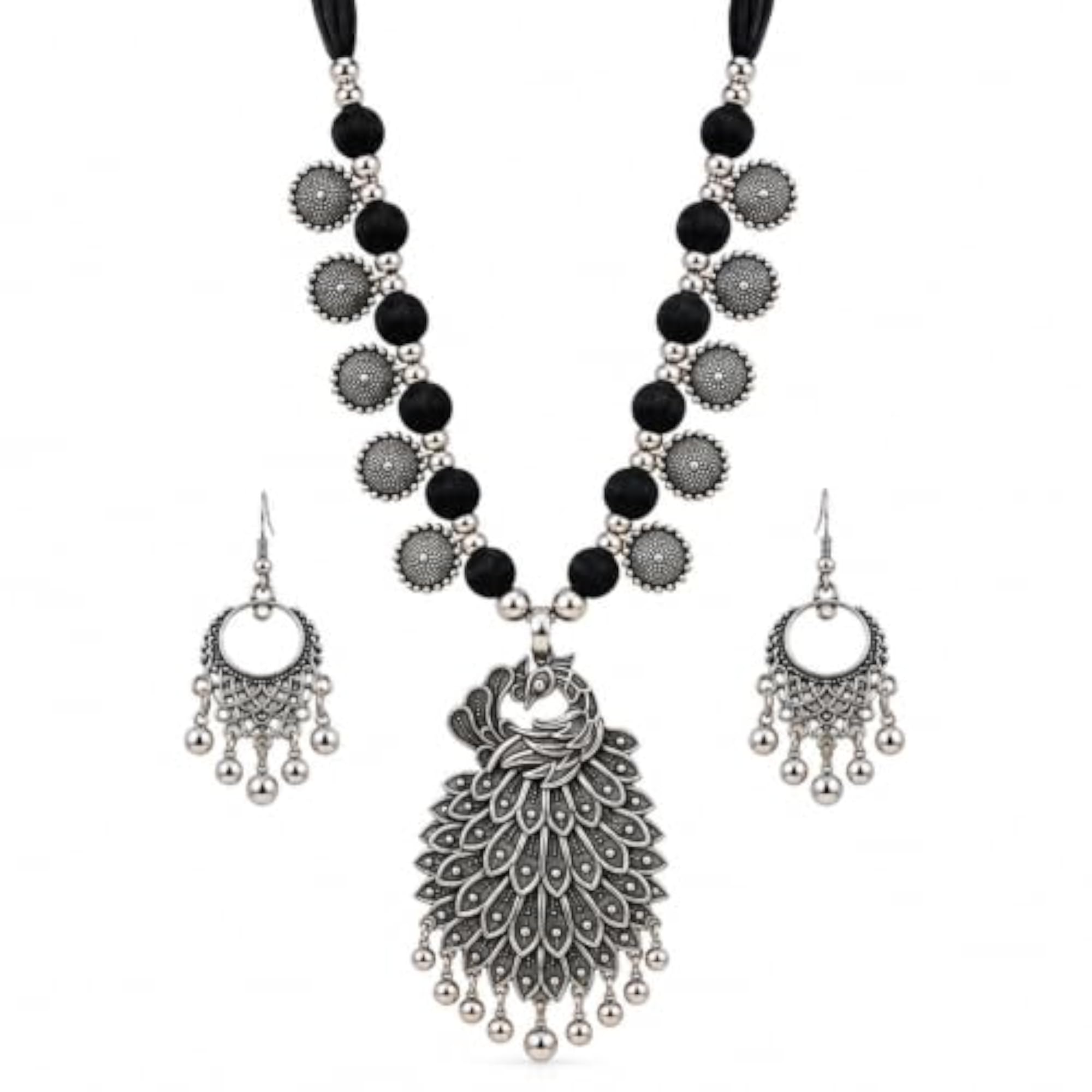 Oxidised Silver Peacock Pendant Necklace Set with Earrings