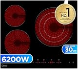 MIDEA Placa Vitroceramica 3 fuegos 6200 W - Vitroceramica Integrada con Panel de control tactil, Indicador de Luz, Temporizador, Child lock y Protección por Sobrecalentamiento