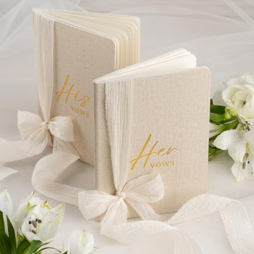 Wedding Vow Books Set of 2 - His and Her Softcover Vow Booklets for Bride and Groom, Linen Textured Fabric Cover with Ribbon, 48 Lined Pages, Vow Inspiration Guide Included, Wedding Essentials 2026