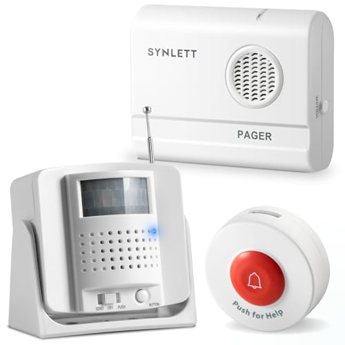 SYNLETT Caregiver Pager Wireless Call Button & Motion Sensor Alarm Indoor for Elderly Monitoring Fall Prevention Bed Alarm Alert System, Must PAIRED to Pager to Function