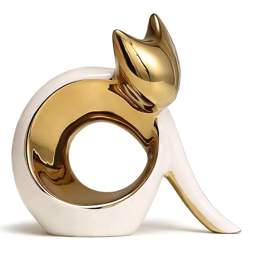 Figura de gato cerámico blanco y dorado electrochapado moderno miniatura 1
