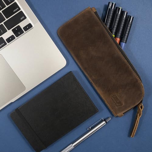 Image of Full Grain Leather Flat Pencil Pouch, Curved Pen and Marker Case for Men and Women, Zippered Bag for Work & Artists Accessories, Bourbon Brown