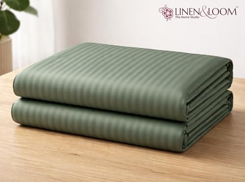 Image of Linen & Loom Elegance Series (60x90 inches) Bedsheet with 1 Pillow Covers | Luxury Striped Cotton Blend Bedsheet Set | Soft, Breathable & Hotel-Style Finish | TC 200 (Mediterranean Green)