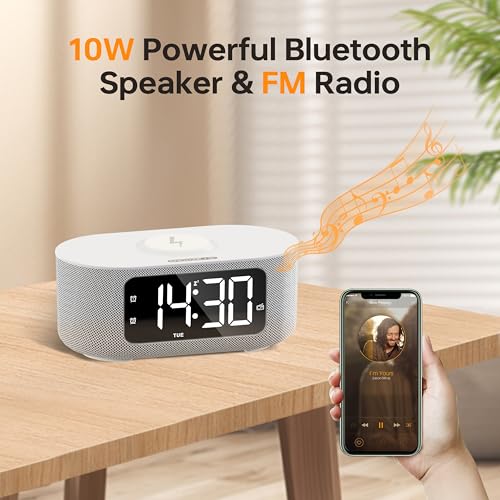 Jall Fabric Alarm Clock For Bedroom, With Big Led Screen Display, Bluetooth Stereo Sound Speaker, Fm Radio, Fast Wireless Charging, Usb Charging Port, Nightlight, White Noise thumb #3