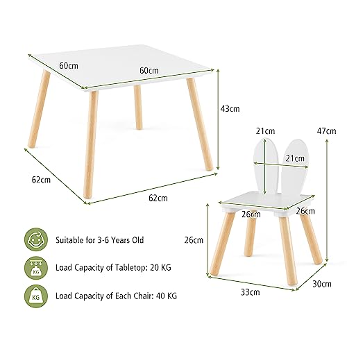 LIFEZEAL Juego de Mesa y Silla para niños de 3 a 6 años, Mesa Infantil con 2 sillas de Madera, Silla con Respaldo de Conejo, Capacidad de Carga 20/40 KG, Mesa de Juego 60x60x43CM (Blanco)