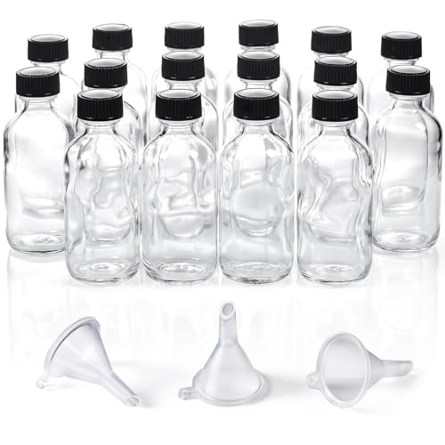 Image of AOZITA 16 Pack, 2 oz Small Clear Glass Bottles w /Lid & 3 Funnels - 60ml Boston Shot Bottles for Health, Immunity, Potion, Wellness, Sample, Ginger, Juice - Mini Personal Care & Beauty Travel Bottle