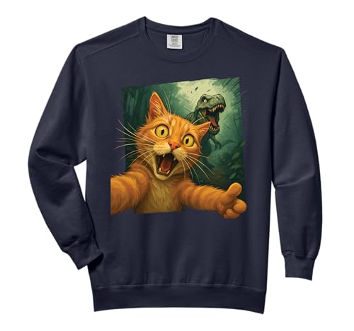 Cat Selfie T-Rex Chase Funny Dinosaur Meme Graphic Art Comfort Colors Adult Sweatshirt
