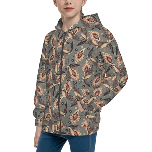 Damask Style Birds Kids Pullover Hoodies Boys Zip Up Sweatshirts Girls Athletic Clothes with Pocket