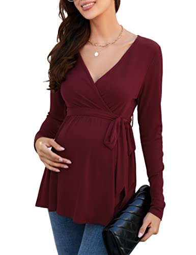 KOJOOIN Damen Stillshirt Schwangerschaftsshirt V-Ausschnitt Umstandsshirt Langarm Nursing Tops mit Gürtel Umstandsmode Burgundy(Langarm) L
