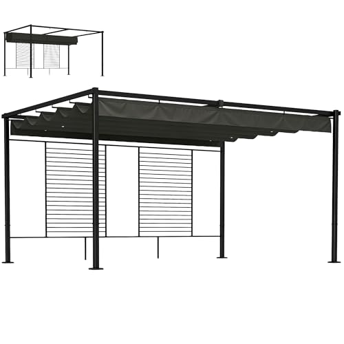 Outsunny Pérgola de Jardín 4x3 m con Techo Retráctil y 2 Paneles de Privacidad Fijos, Cenador de Jardín con Protección UPF50+, Drenaje, Estructura Metálica, Pabellón para Exterior, Gris Oscuro
