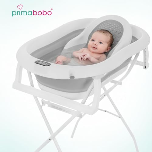 Primabobo Zestaw Kąpielowy PREMIUM: Wanienka Składana z Inteligentnym Termometrem LCD, Ergonomicznym Fotelikiem i Stabilnym Stojakiem, Luksusowa Wyprawka 80cm, Szara