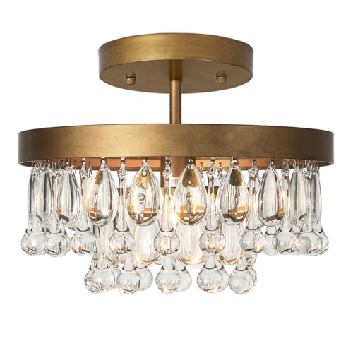 SEOL-Light Antique Gold Crystal Round Tiered Flush Chandeliers Small Pendant