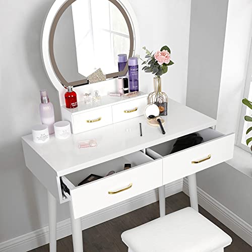 Smool Vanity Desk With Lighted Mirror - Vanity Table Makeup Vanity With Lights, 3 Color Lighting Modes Adjustable Brightness, 4 Drawers Makeup Table With Soft Cushioned Stool For Bedroom Studio, White #TOP6